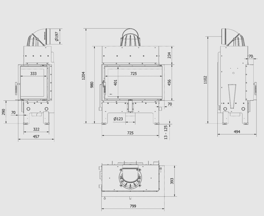 Steel fireplace FLOKI S right 8 kW Ø 160