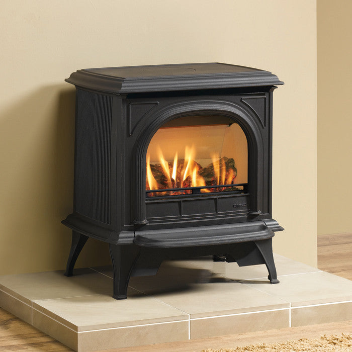 Gazco Huntingdon 30 - Matt Black Logs Clear Door Conventional Flue LPG